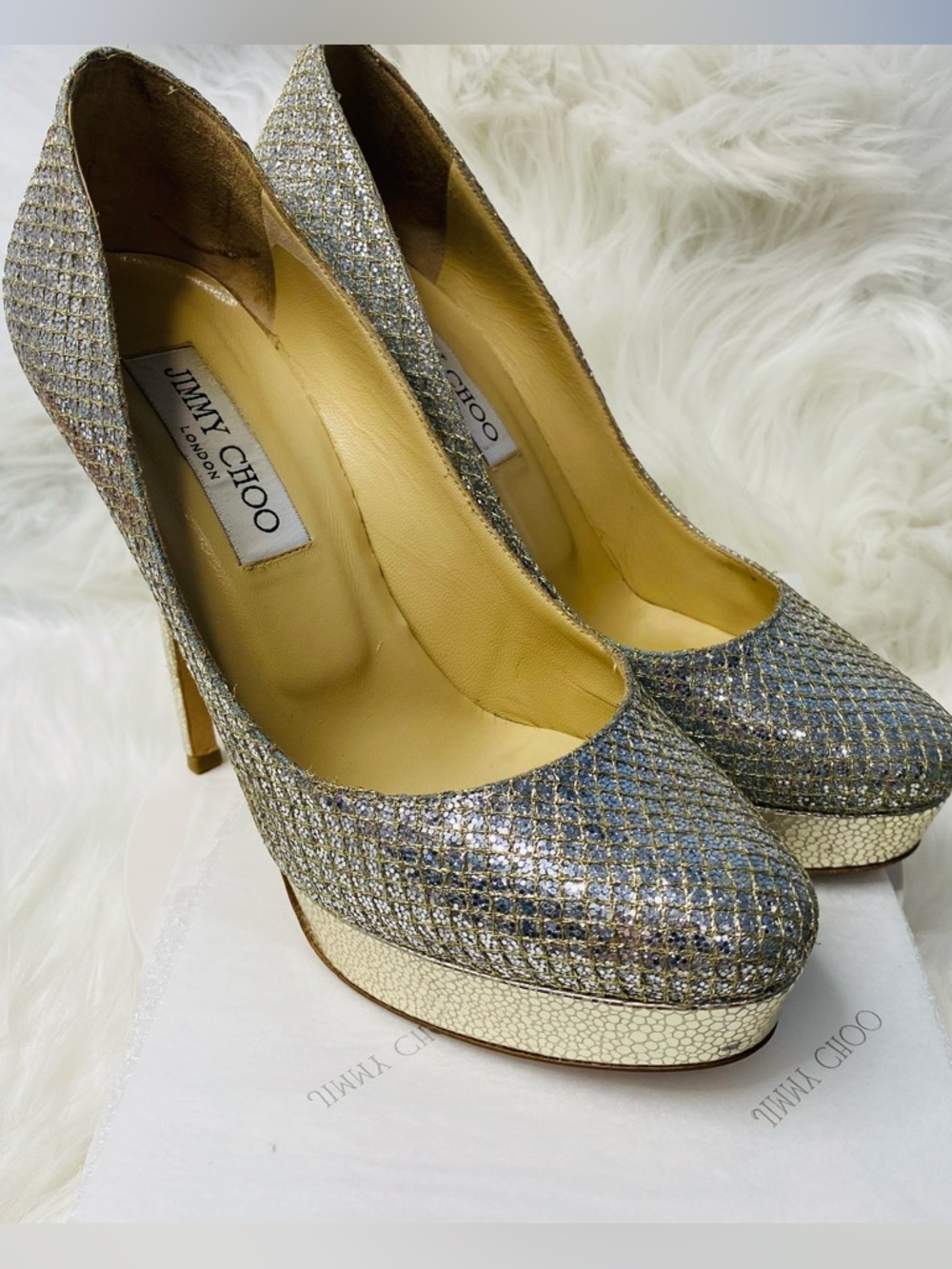 Jimmy Choo Authentic Alex Cosmic Champagne Glitter Heels — Size EU 37 ½